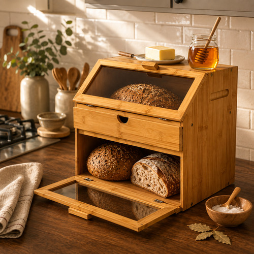 Compartment bamboo bread bin - bamboo,